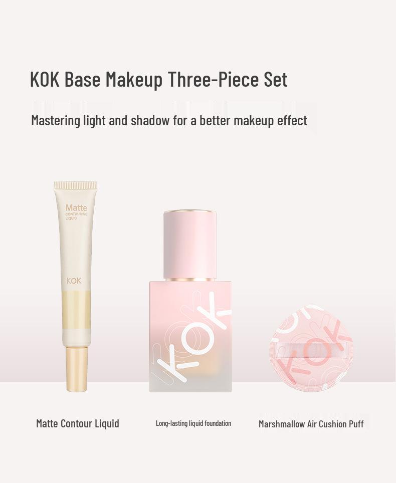 Zestaw baz pod makijaż KOK Radiant Long-Wear: Podkład, Korektor, Bronzer & Gąbeczka - Zestaw 4 sztuk.