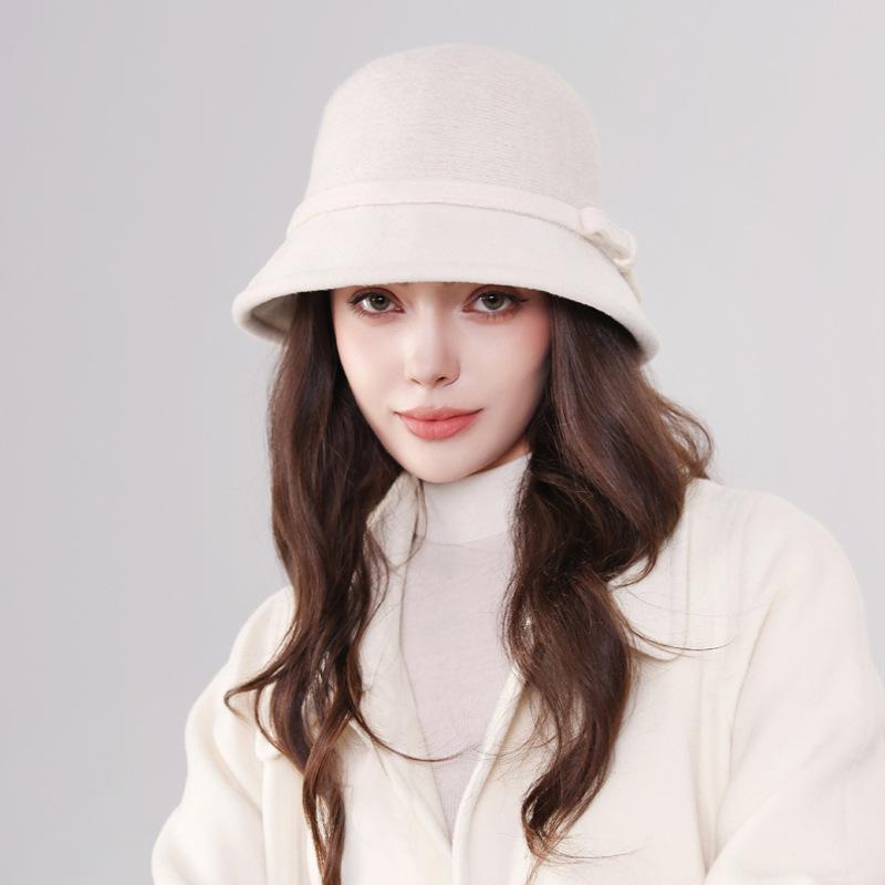 Hepburn Style Wool Hat for Women In Autumn and Winter New French Retro Bow Basin Hat Elegant Warm Fisherman Hat