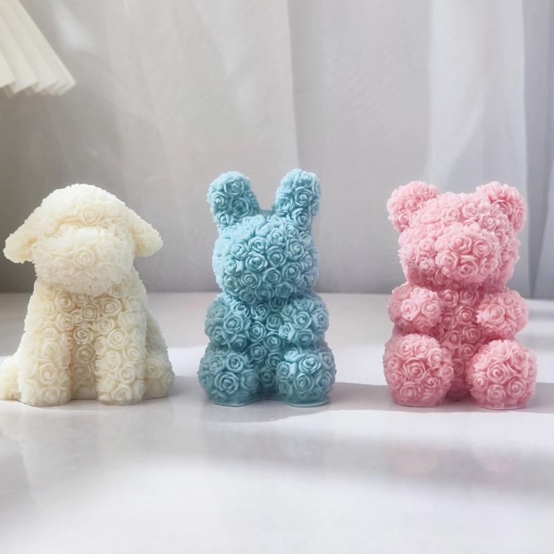 Valentine Silicone Rose Bunny-Mold Aromatherapy Candle Mold Epoxy Animal Plaster Mold for DIY Soap Present Candle Making