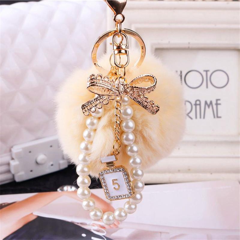 Car Women handBag Key Chain Fashion Pearl Chain Crystal Bottle Bow Pompom Keychain Fluffy Puff Ball Keychains Jewelry