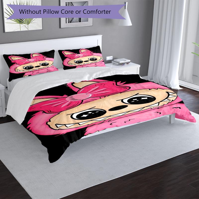Pink Monster Design Bed Bedding Set 1 Duvet Cover + 2 Pillowcases Soft Breathable Household Bed Linens