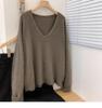 Women's Camel V-Neck Wool Sweater: Korean-Style, Loose Fit, Long-Sleeve Base Layer