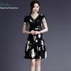 Korean Style Women's Elegant Black Slimming Floral V-Neck Short Sleeve Summer Dress