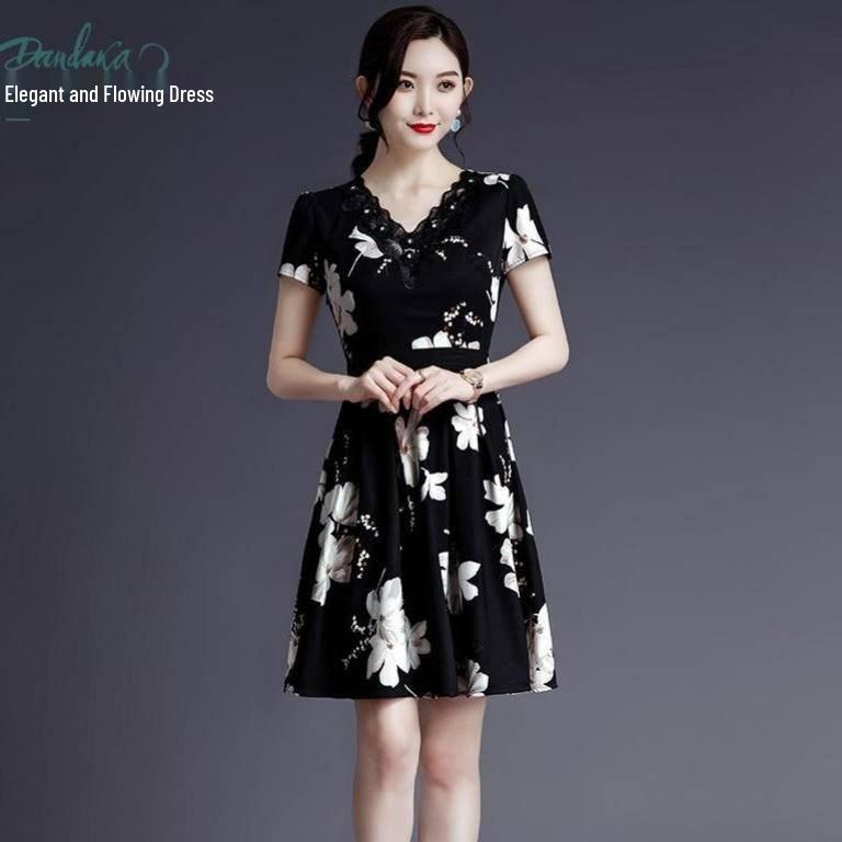Korean Style Women's Elegant Black Slimming Floral V-Neck Short Sleeve Summer Dress