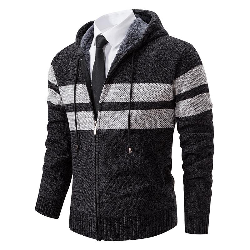 Men's Fall Winter New Fleece Lined Thick Hooded Knit Cardigan, Casual Sweater Outerwear