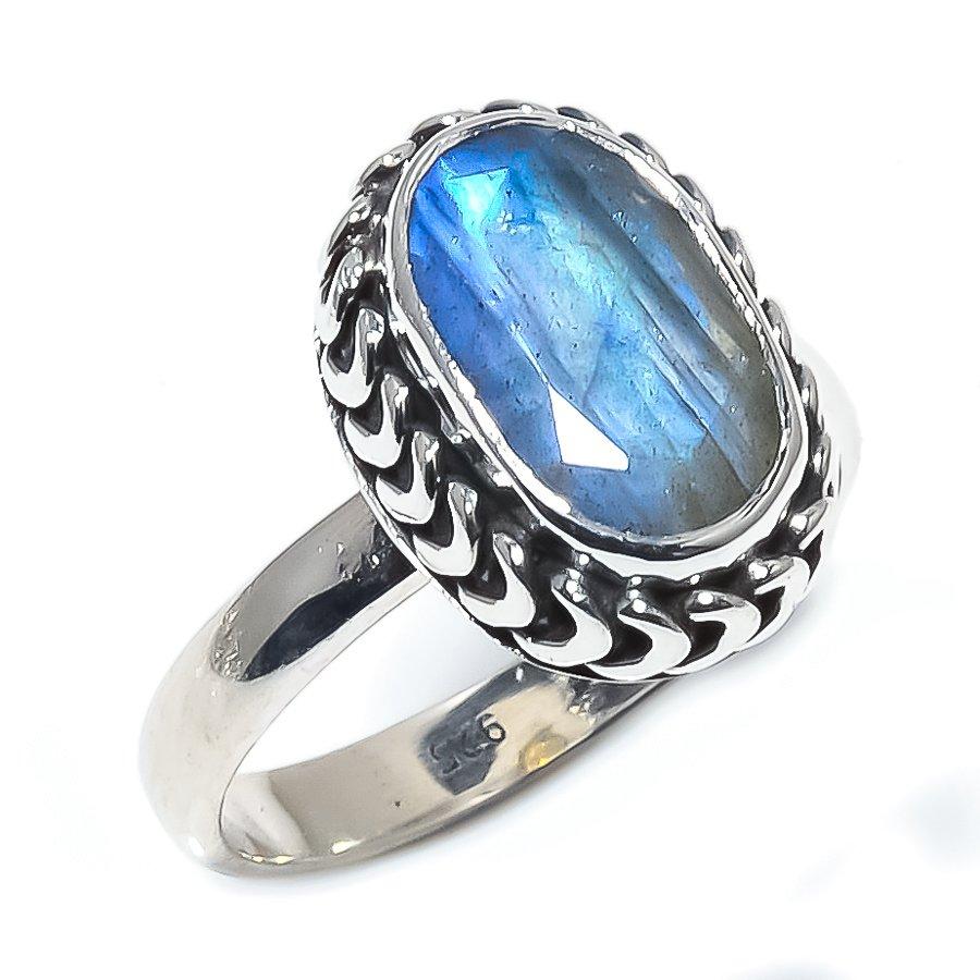 Natural Labradorite Gemstone Handmade 925 Solid Sterling Silver Ring Size 7 J8D01