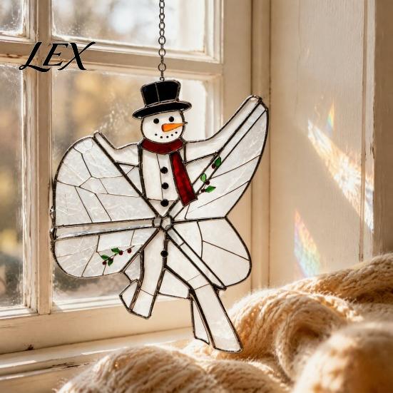 Xmas Decoration Accessories Christmas Snowman/Santa Claus/Deer Suncatcher, Stained Glass Style Pendant with Hanging Living Room Festive Decor