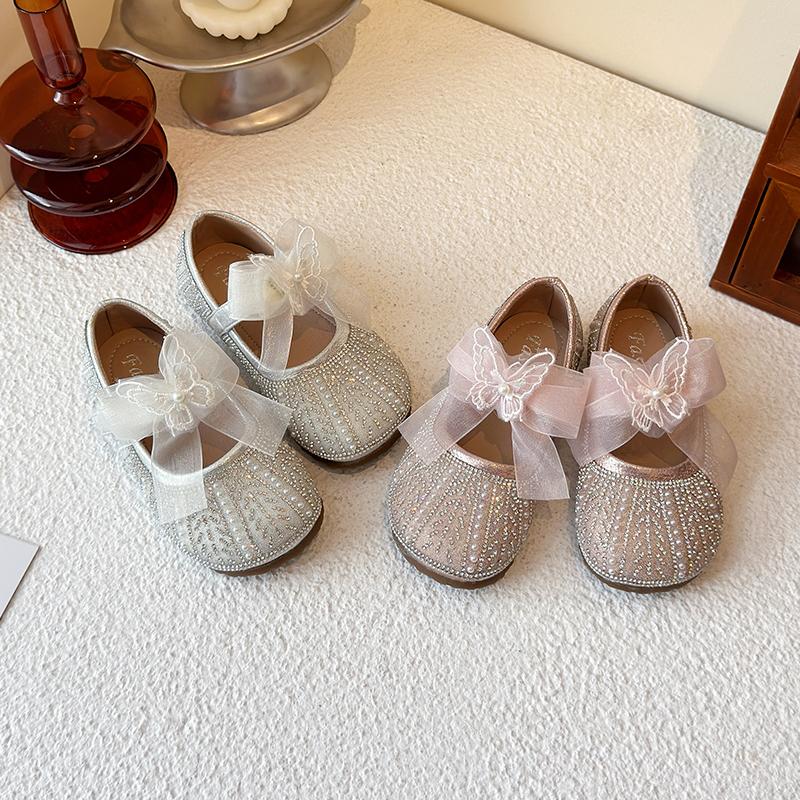 Girls Flat Shoes Mesh Lace Bows Sweet Butterfly Kids Leather Shoes Round Toes 2025 New Girls Princess Shoes Non-slip Pearl Sweet