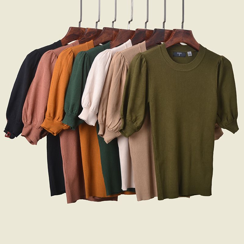 French Style Retro Puff Sleeve Silm Knitwear Thread Half Sleeve Low round Neck Pure Color Elegant Export Tops T-shirt
