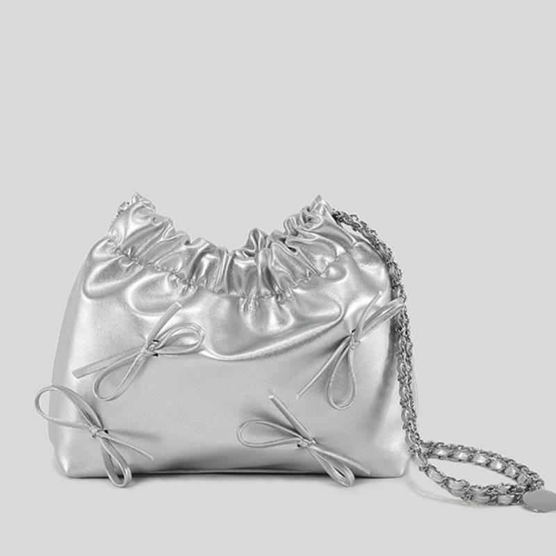 2024 New Spring Butterfly Bow Tote Bag Women Large Capacity Wrinkle Shoulder Crossbody Bag Street Fashion Chain Bag