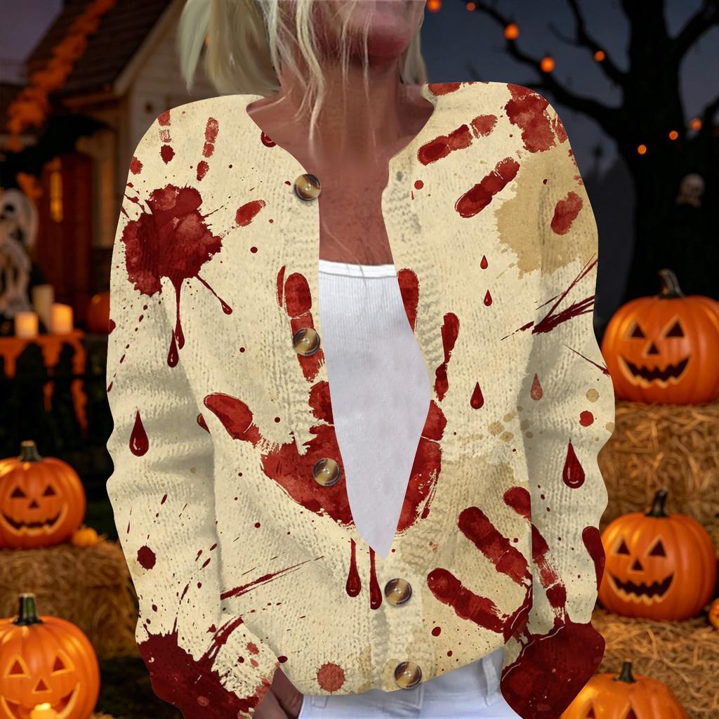 Womens Halloween Knit Cardigan Button Up Sweater Long Sleeve Open Front Lightweight Casual Outerwear for Fall and Winter