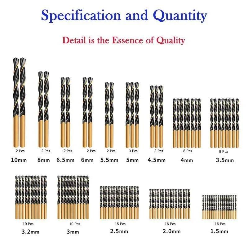 99PCS Drill Bit Set 1/16" To 3/8" Drill with Plastic Storage Case Premium HSS Black Gold Coated Twist Hex Shank Jobber