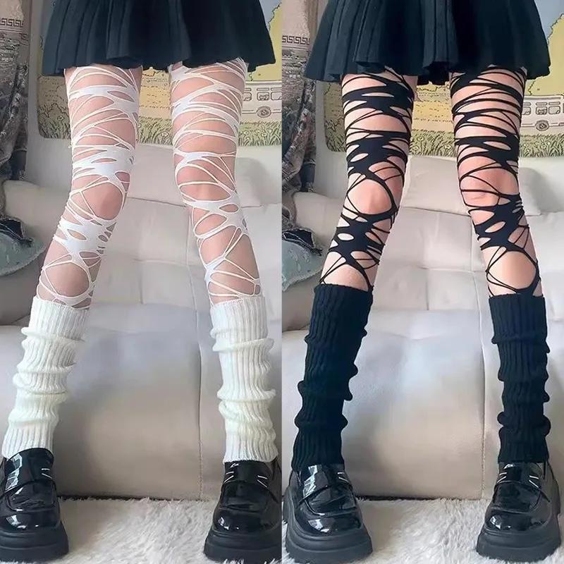 Y2K Hollow Out Stockings Women Punk Sexy Tights Leggings Jk Lolita Over The Knee Hosiery Female Broken Hole Fishnets Long Sock
