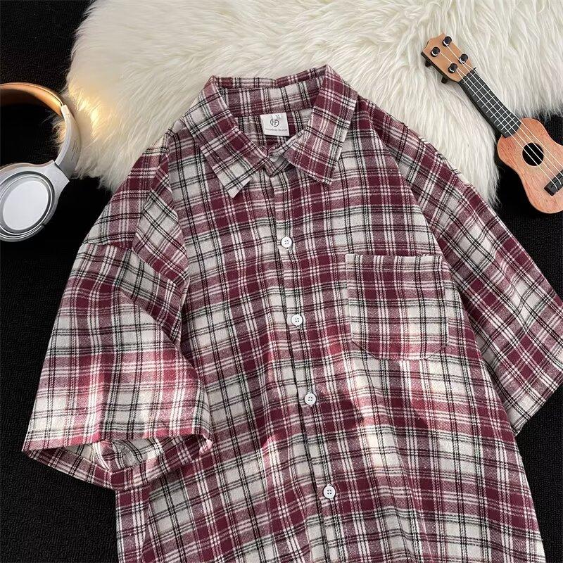 

Летняя одежда мужская ретро повседневная рубашка студенческая свободная нишевая дизайнерская забавная новая мужская верхняя часть для ношения на открытом воздухе 2XL красный