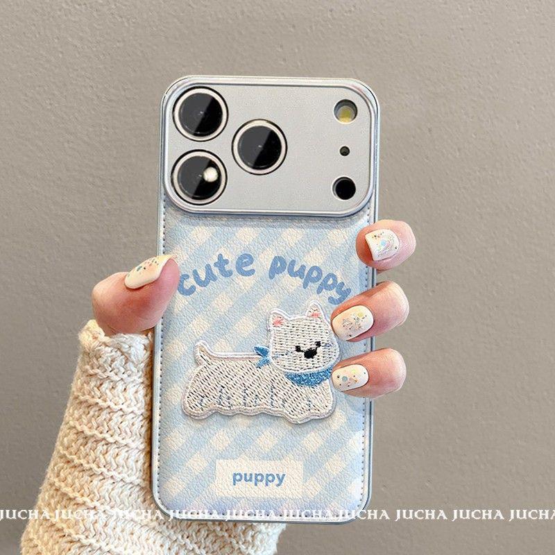 High-End Cute Blue Plaid Embroidery Puppy Phone Case for iPhone 15, 16 Pro Max, and 17