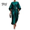 Langer Faltenrock Damen Damen Satin Fledermausärmel Maxikleid, Strassakzent Rundhalsausschnitt Leichtes Sommerkleid Abendparty A-Linie