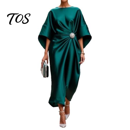Langer Faltenrock Damen Damen Satin Fledermausärmel Maxikleid, Strassakzent Rundhalsausschnitt Leichtes Sommerkleid Abendparty A-Linie