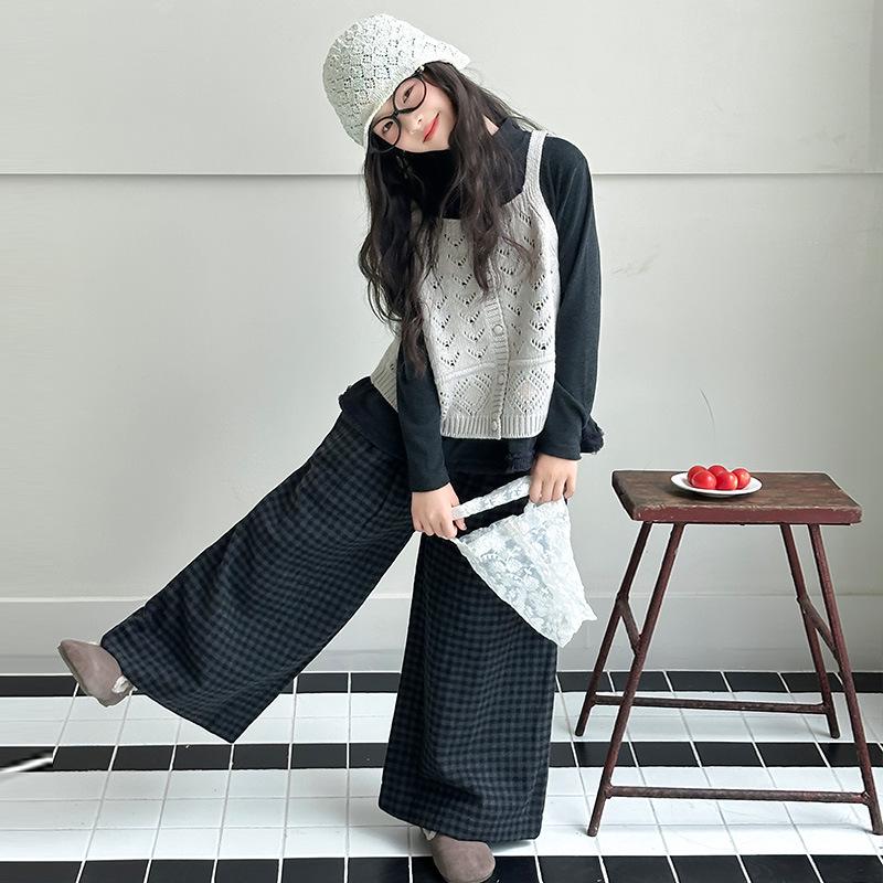 Girls' Plaid Wide-Leg Pants 3-Piece Set for Spring/Autumn 2025