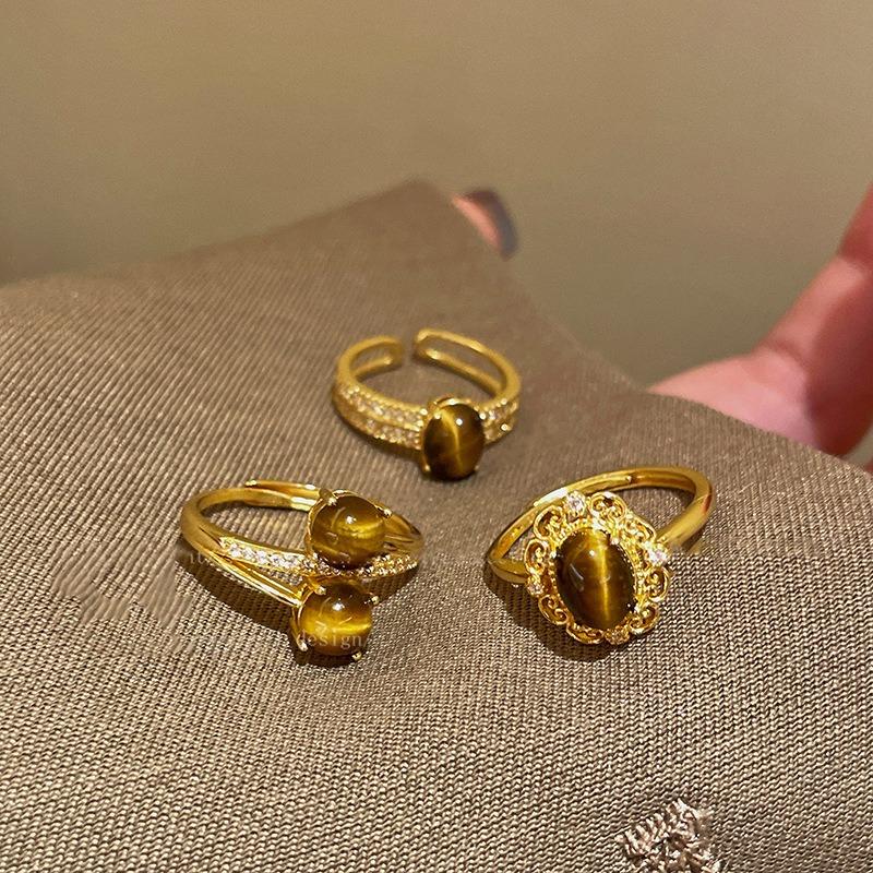 Real gold electroplated zircon tiger's eye stone oval open ring niche high-end index finger ring retro versatile jewelry