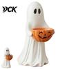 Resin Halloween Ornament Ghost Figurine with Pumpkin Candy Bowl, Cute Statue, Freestanding Lighted Decor Trick or Treat Holder for Front Porch,