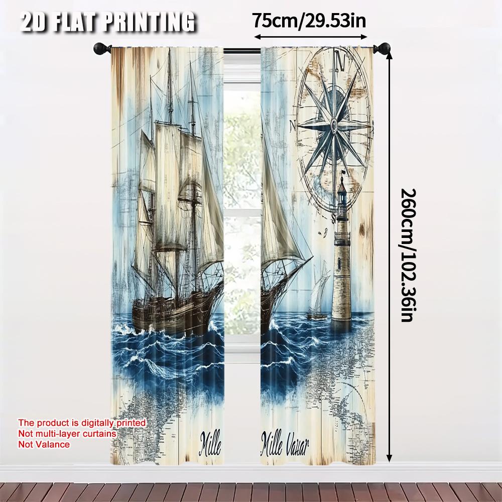 2pcs, Window Curtain 2D Plane Printing 1 To Lighthouse Machine Washable (without Rod) Thermal Insulation, and Room Darkening