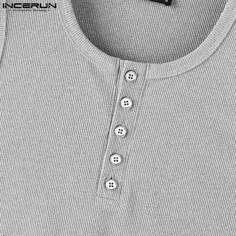 INCERUN Mens Summer Button O-neck Sleeveless Solid Color Casual Rib Tank Tops