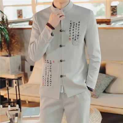 Traje Masculino de Linho Estilo Chinês Duas Peças Gola Alta Casual Blazer Jaqueta e Conjunto de Calças para Negócios Casuais Uso Diário