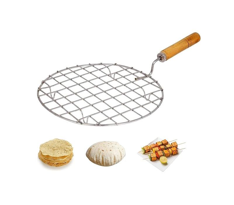TreegoArt Stainless Steel Wooden Handle Round Roasting Net Roaster Wire with Papad Jali, Roti Jali and Barbecue Grill For Kitchen - Pack Of 1