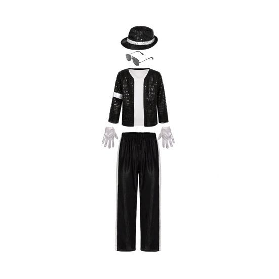 Kids 80s 90s Performance Costume, Black Sequin Jacket, Top, Trousers, Hat, Glasses, Gloves, 7 Piece Dance Party Outfits for Halloween, Stage