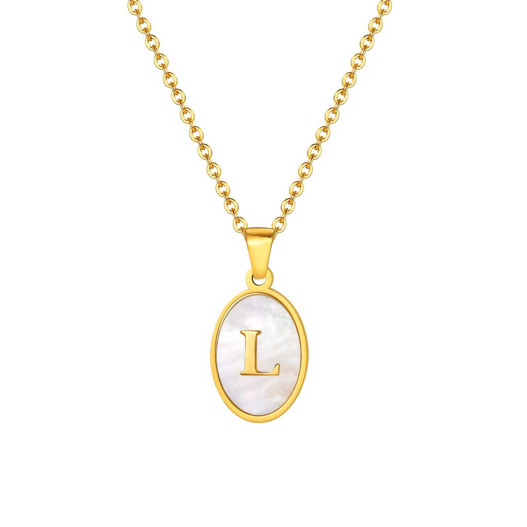 Stainless Steel Oval White Shell 26 Letter Pendant Name Letter Necklace Commemorative Gift Pn-2186