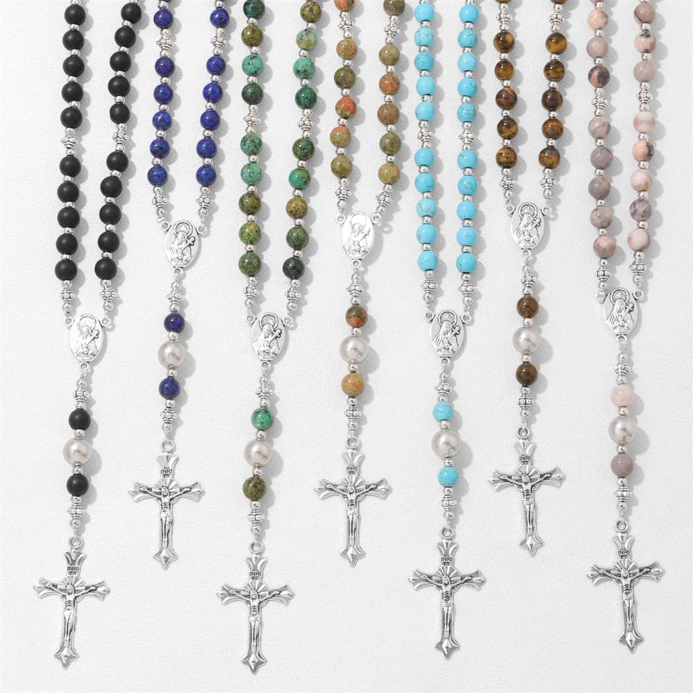 Vintage Cross Religious Rosary Beads Chain Jesus Crucifix Virgin Mary Pendant Chain Jewelry Religious Prayer Beads Bracelet