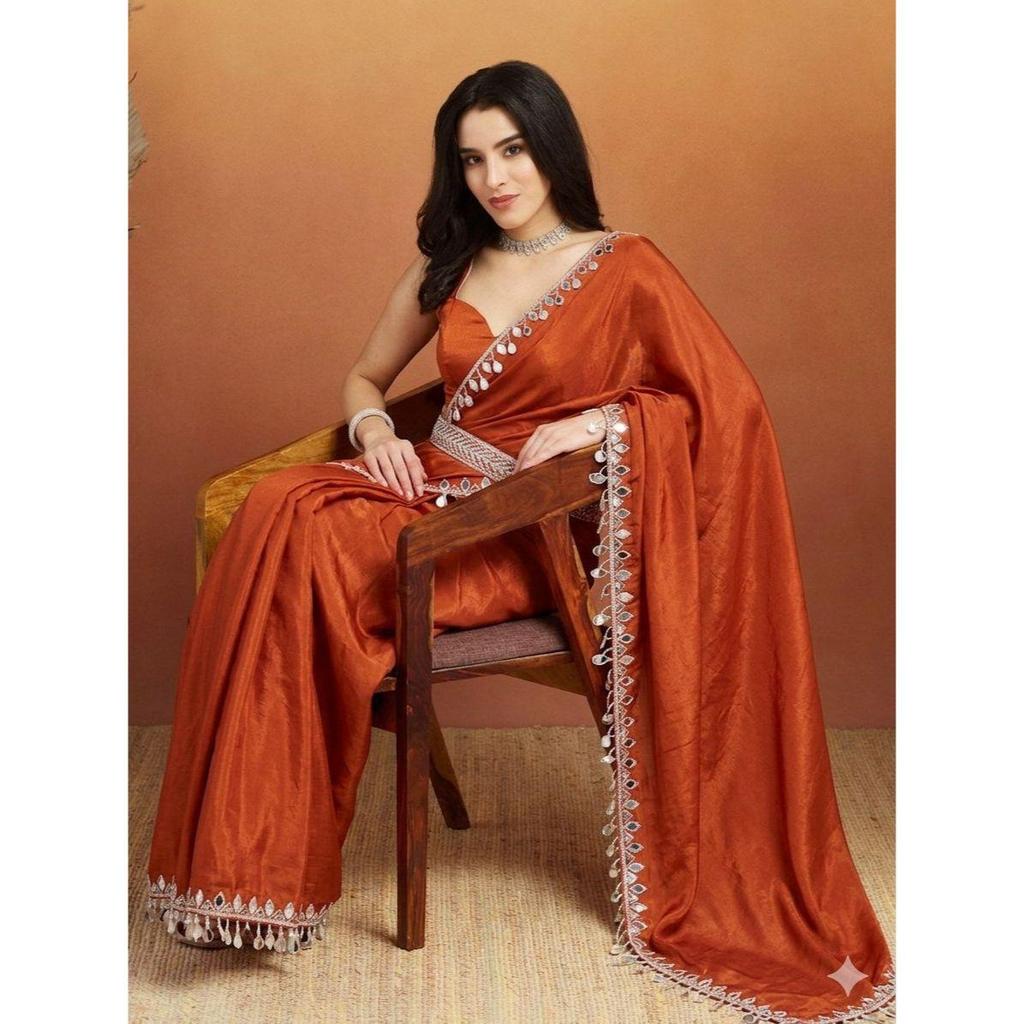 Elegant Mirror Work Fandy Satin Satin Saree Collection