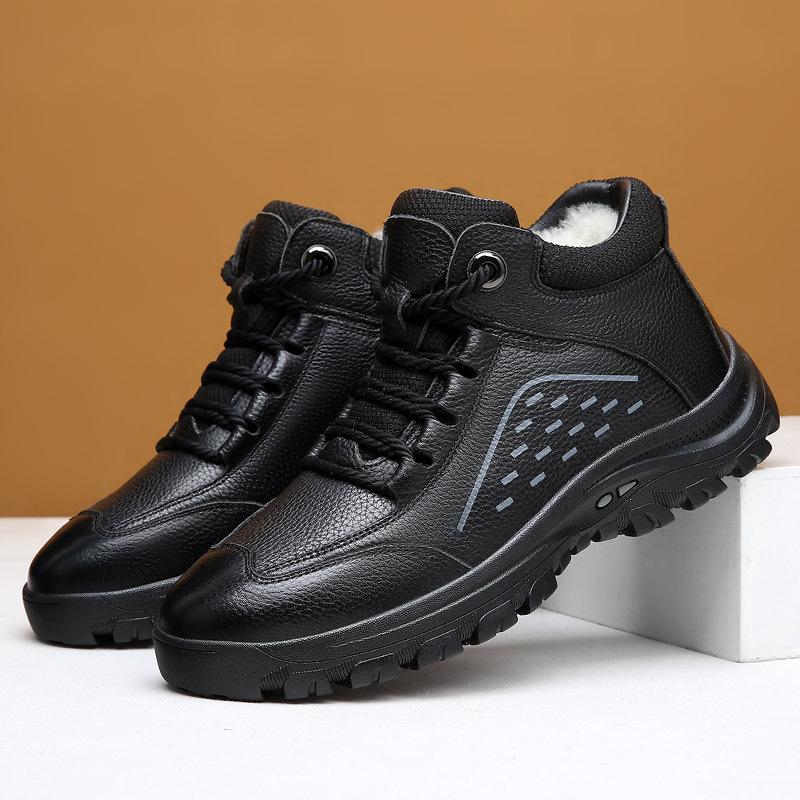 2025 new leather velvet thermal lace-up men's dad cotton shoes men's fur integrated men's shoes