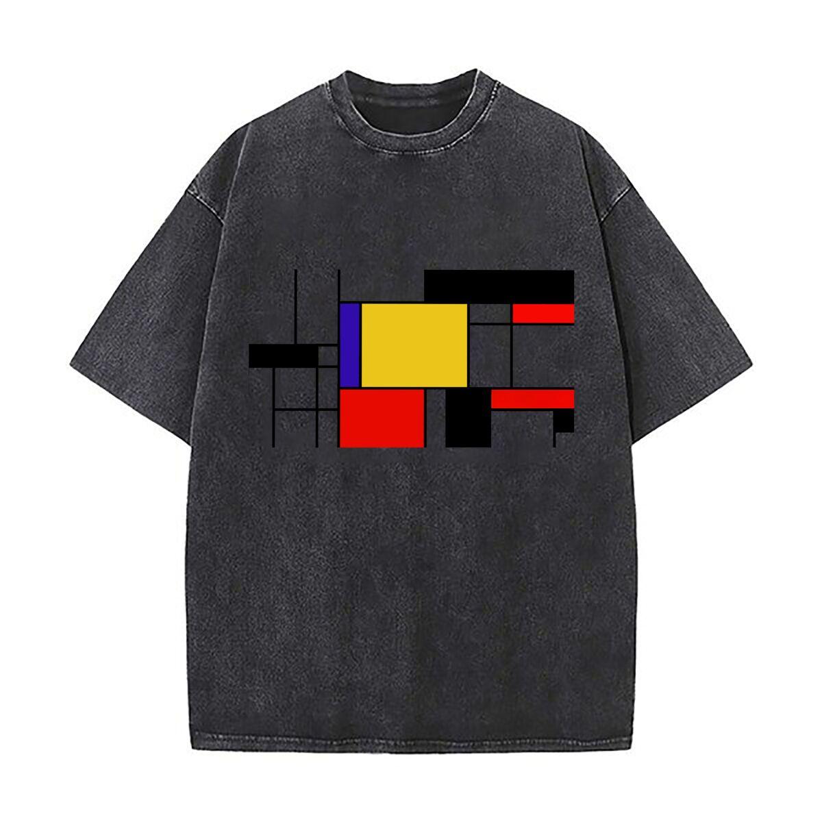Mondrian Abstract Color Block Art Retro Washed Distressed T Shirt Men Summer Casual Short Sleeve S