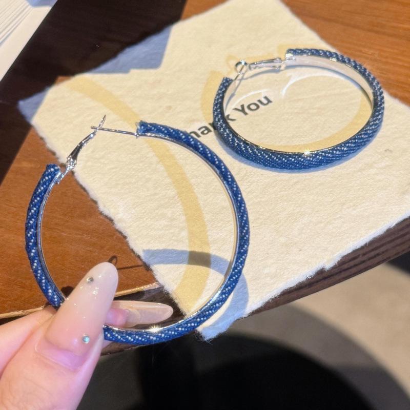 Vintage Design Spice Girl Denim Blue Big Earrings S111 Silver Needle Loop Earrings Light Luxury High-end Antique Earrings