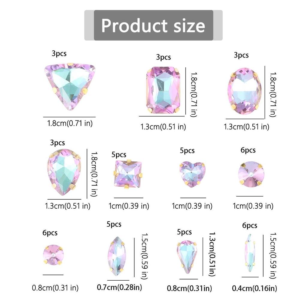 Sew On Rhinestones, Choupee 50PCS Sew On Glass Rhinestone Metal Back Prong Setting Sewing Claw Rhinestone Mixed Shapes