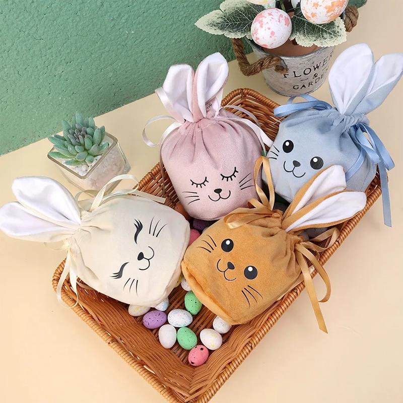 10PCS Easter Bunny Gift Bags Velvet Rabbit Pouch for Valentines Chocolate Candy Wedding Birthday Party Favor Packing