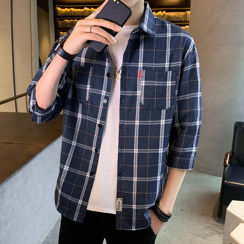 Мужская приталенная клетчатая рубашка с коротким рукавом M