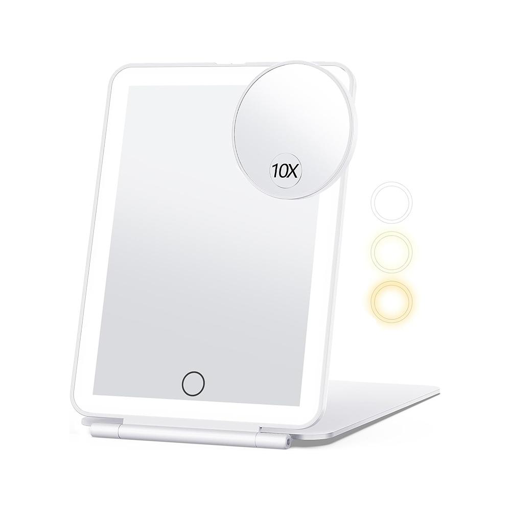 

Rechargeable Makeup Mirror with 3 Color Lights for Travel, Vanity Cosmetic Mirror with LED Portable Compact Handheld with 10X