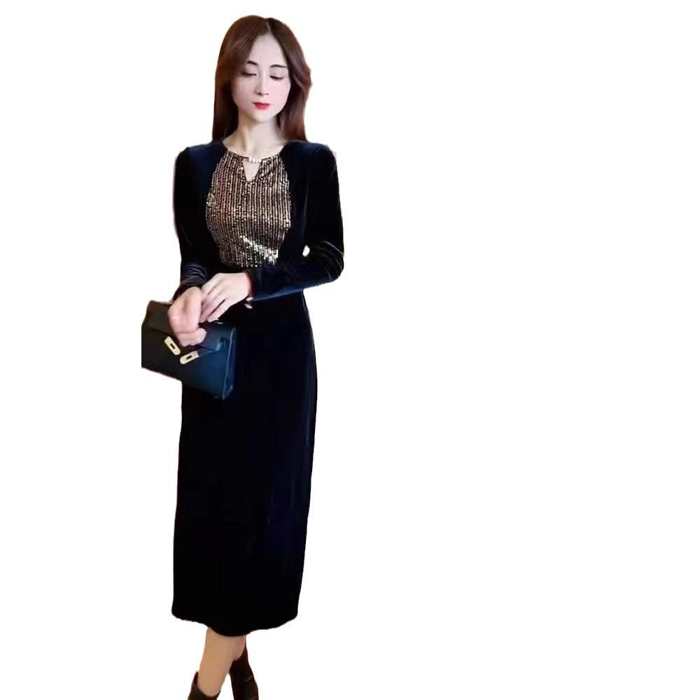 2024 Sequin Waist-Hugging Velvet Dress - Round Neck, Long Sleeve, Elegant Style for Women
