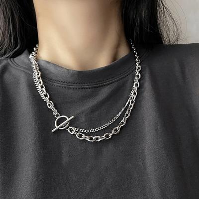 European and American Personalized Double-layer OT Buckle Necklace Men and Women Simple Hip-hop Punk Thick and Thin Chain Short 