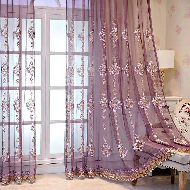 European Beaded Embroidered Sheer Curtains, Grommet Top with Thermal Insulation, for Living Room and Bedroom Decor, Elegant Floral Pattern