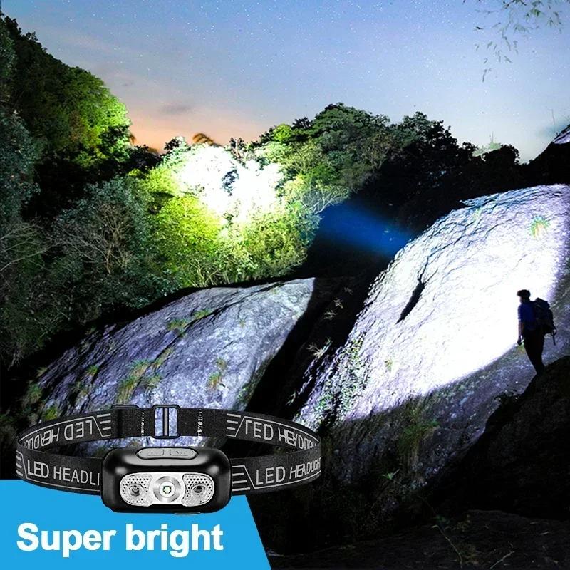Mini Ultra-bright Sensor Industrial Headlamp USB Rechargeable Head Flashlight for Outdoor Camping Fishing Emergency Lantern