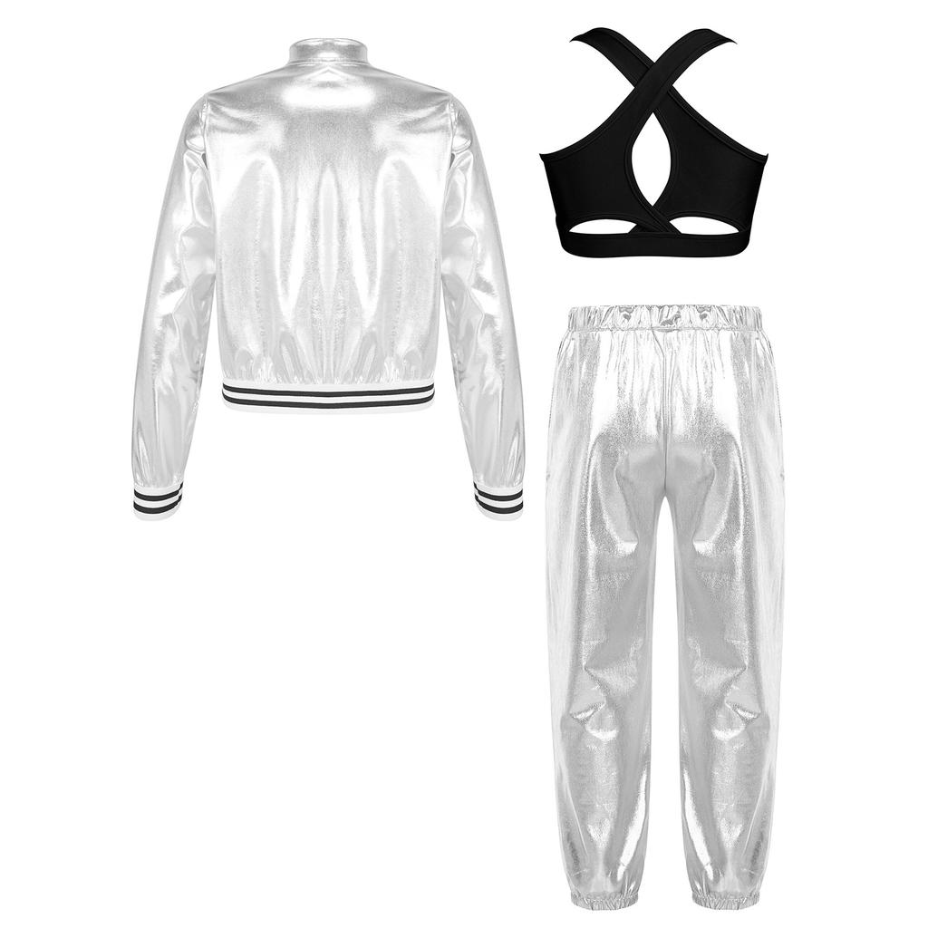 Girls Cross Back Vest Set Sleeveless Keyhole Long Sleeve Jacket Zipper Pants Hip Hop Dance Costume