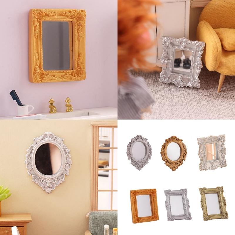 Antique Doll House Mirror Model Figure PVC Miniature Furniture For Children Pretend Play Classical Home Scene Decors