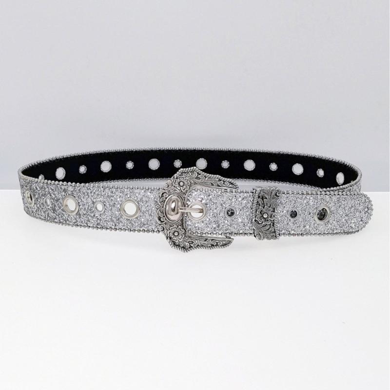 Large Eyelet Sequined Belt for Jeans Bead Trim PU Leather Belt Subculture Pants Belt Elegant Girl Clothing Waist Decors