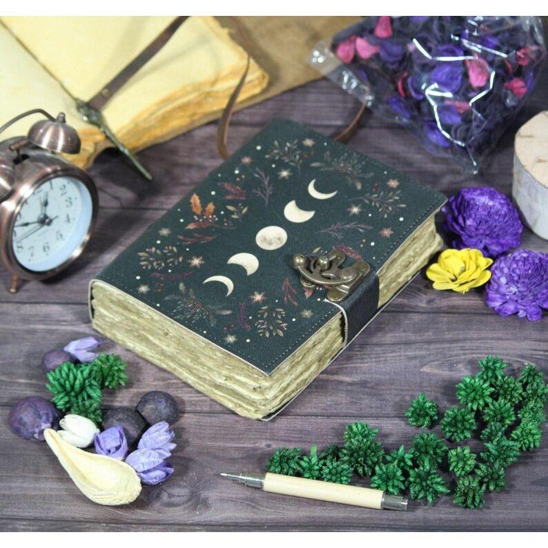 Moon Phases Leather Journal: Antique Deckle Edge Paper Grimoire