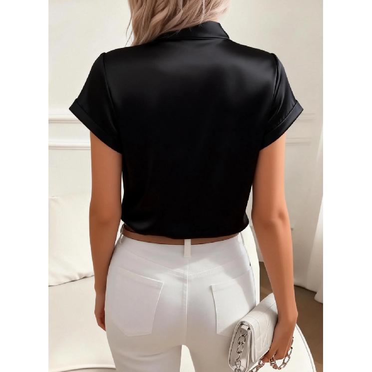 2026 Spring/Summer Solid Color Women's Short Sleeve Bow Satin Blouse Shirt Top