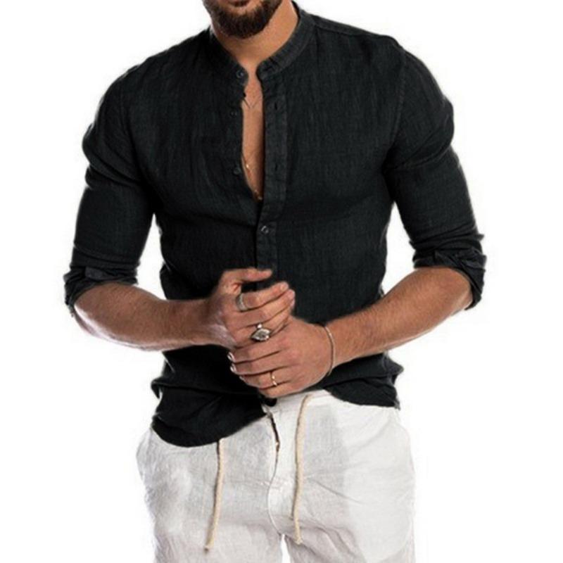 Autumn Winter V-neck Linen Cardigan Standing Collar Long Sleeved Men's Shirt
