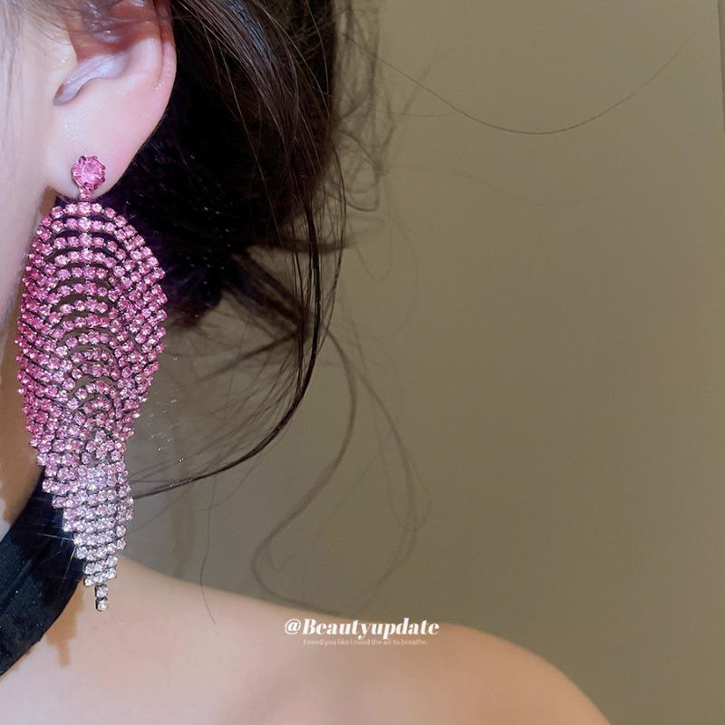Silver Needle Diamond Leaf Tassel Earrings Luxury Exaggeration Heavy Industry Earrings Design Sense Niche Earrings Women